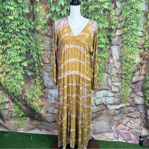 YOUNG, FABULOUS, AND BROKE Gold Batik Maxi Dress, S - Picture 2 of 10